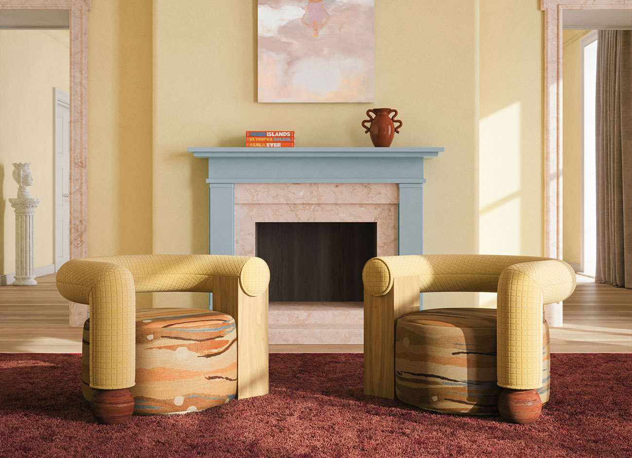 Galatea armchair in a living room setting, upholstered in yellow fabric on the back and patterned fabric on the seat, featuring a Rosso Levanto marble sphere and brass base. The room embraces the butter yellow trend with yellow tones paired with blue and burgundy accents.