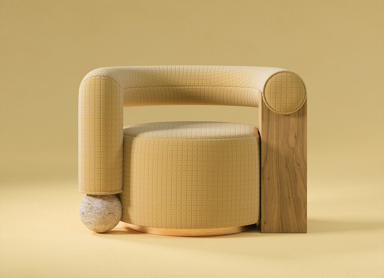Galatea armchair upholstered in textured grid yellow fabric, paired with a white marble sphere base.