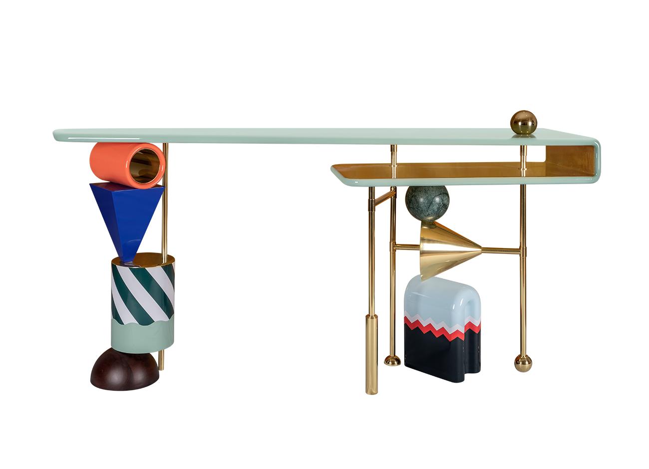 Ahrt console Front view of the ahrt console showcasing its deliberately mismatched colors, diverse materials such as wood, marble, and brass, and the unconventional mix of shapes that define this unique piece.