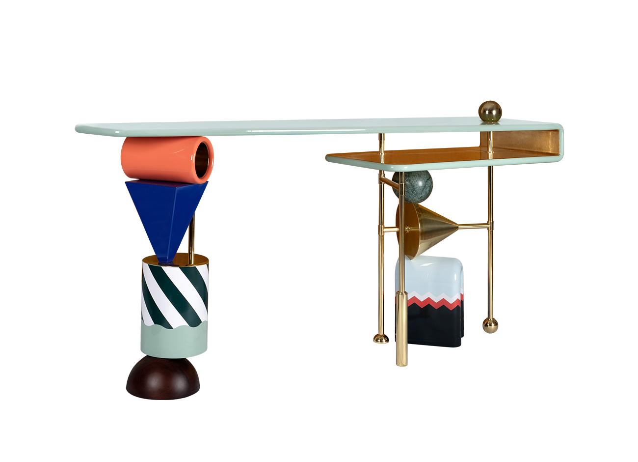 Ahrt console Left view of the ahrt console showcasing its deliberately mismatched colors, diverse materials such as wood, marble, and brass, and the unconventional mix of shapes that define this unique piece.