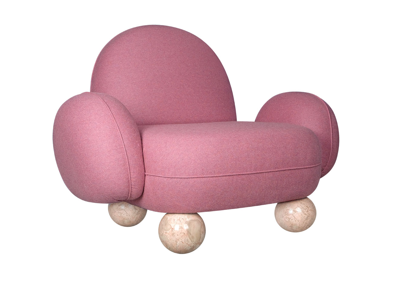 Gala armchair, 45-degree front view, upholstered in pink jacquard Woolly JA1025-064 by JAB, with four Breccia Sfere legs.