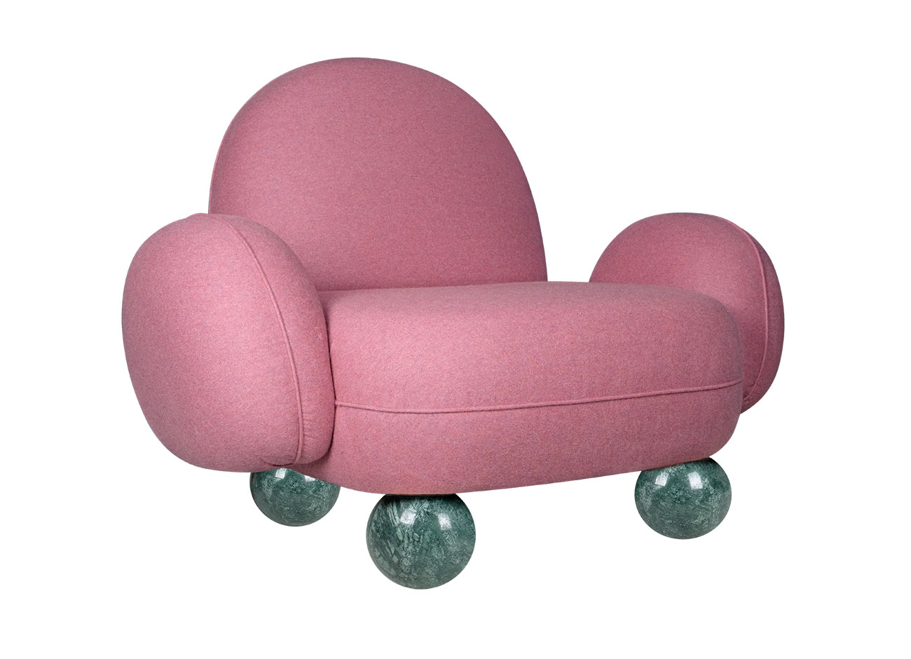 Gala Armchair Gala armchair, 45-degree front view, upholstered in pink jacquard Woolly JA1025-064 by JAB, with four Verde Guatemala Sfere legs.