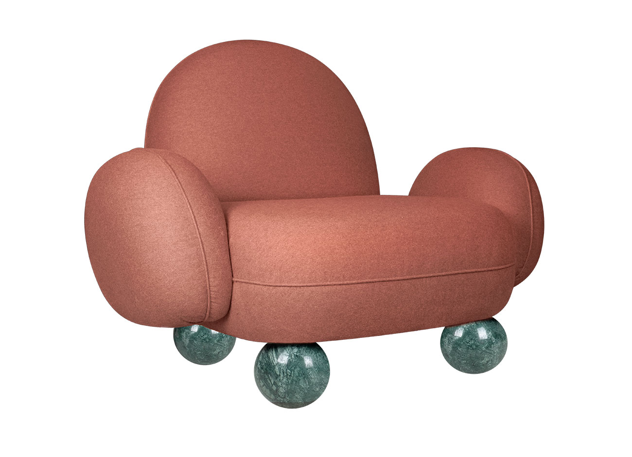 Gala Armchair Gala armchair, 45-degree front view, upholstered in pink jacquard Woolly JA1025-061 by JAB, with four Verde Guatemala Sfere legs.