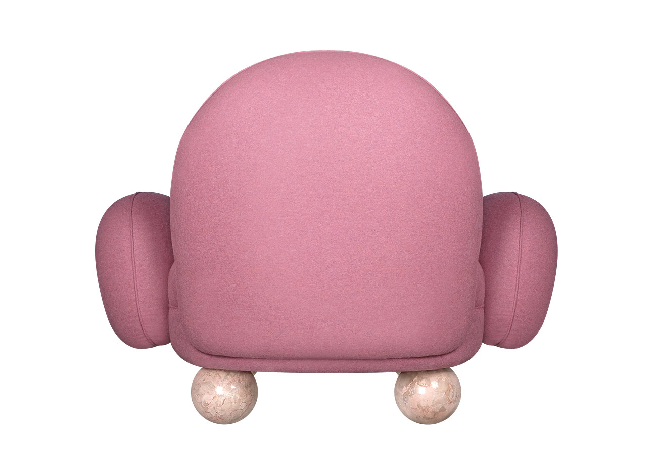 Gala Armchair Gala armchair back view, upholstered in pink jacquard Woolly JA1025-064 by JAB, with four Breccia Sfere legs.