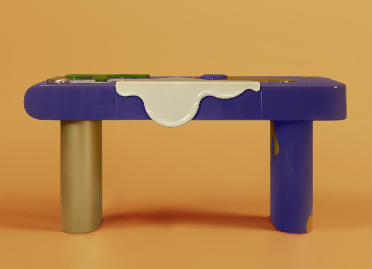 Front view of the ultramarine blue lacquered section of the la vie console, with light reflecting softly on the surface, set against a warm yellow background.
