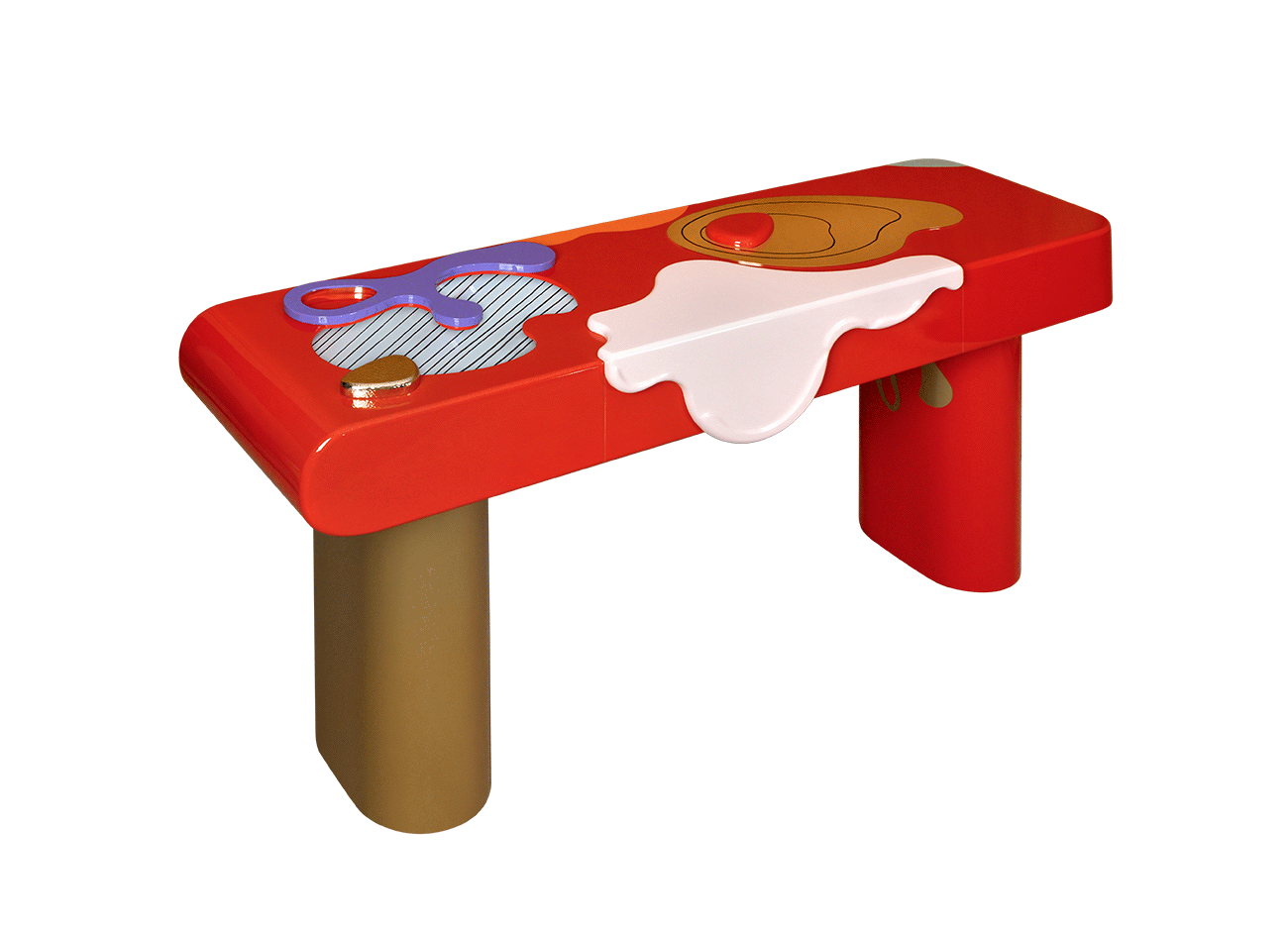 Top view of the la vie console showing its hand-painted wooden top with simple abstract forms in bold colors, adorned with hammered and polished brass and glass details, with drawers opening and closing, supported by polished brass and lacquered wood feet.