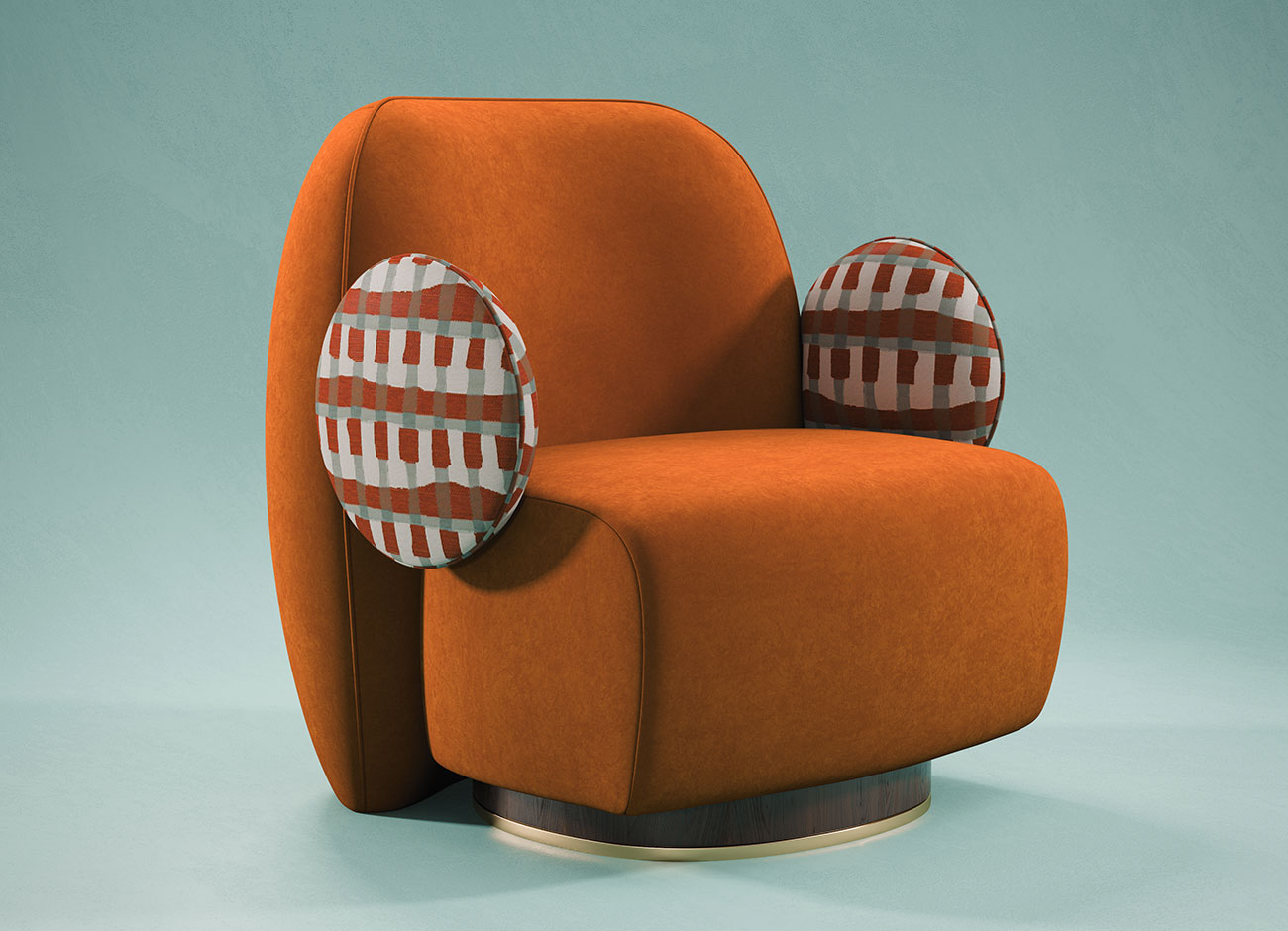 La Voix Armchair 45-degree view of the La Voix armchair with patterned fabric on the arms and vibrant orange fabric on the seat and back, set against a turquoise background.