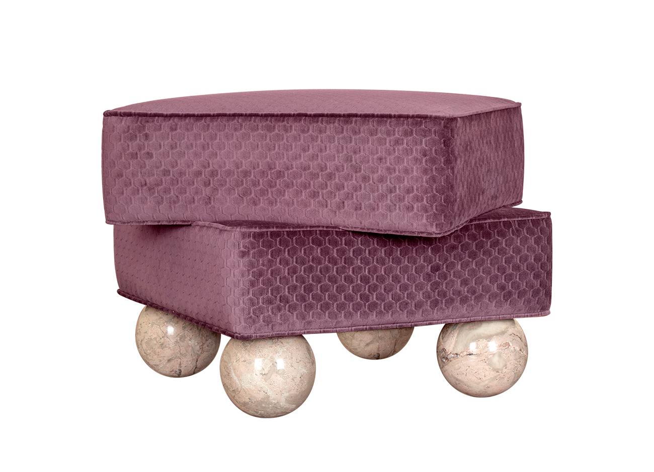 Madonna Stool Madonna Stool showcasing all four Breccia marble sphere legs, paired with an purple embossed velvet fabric.