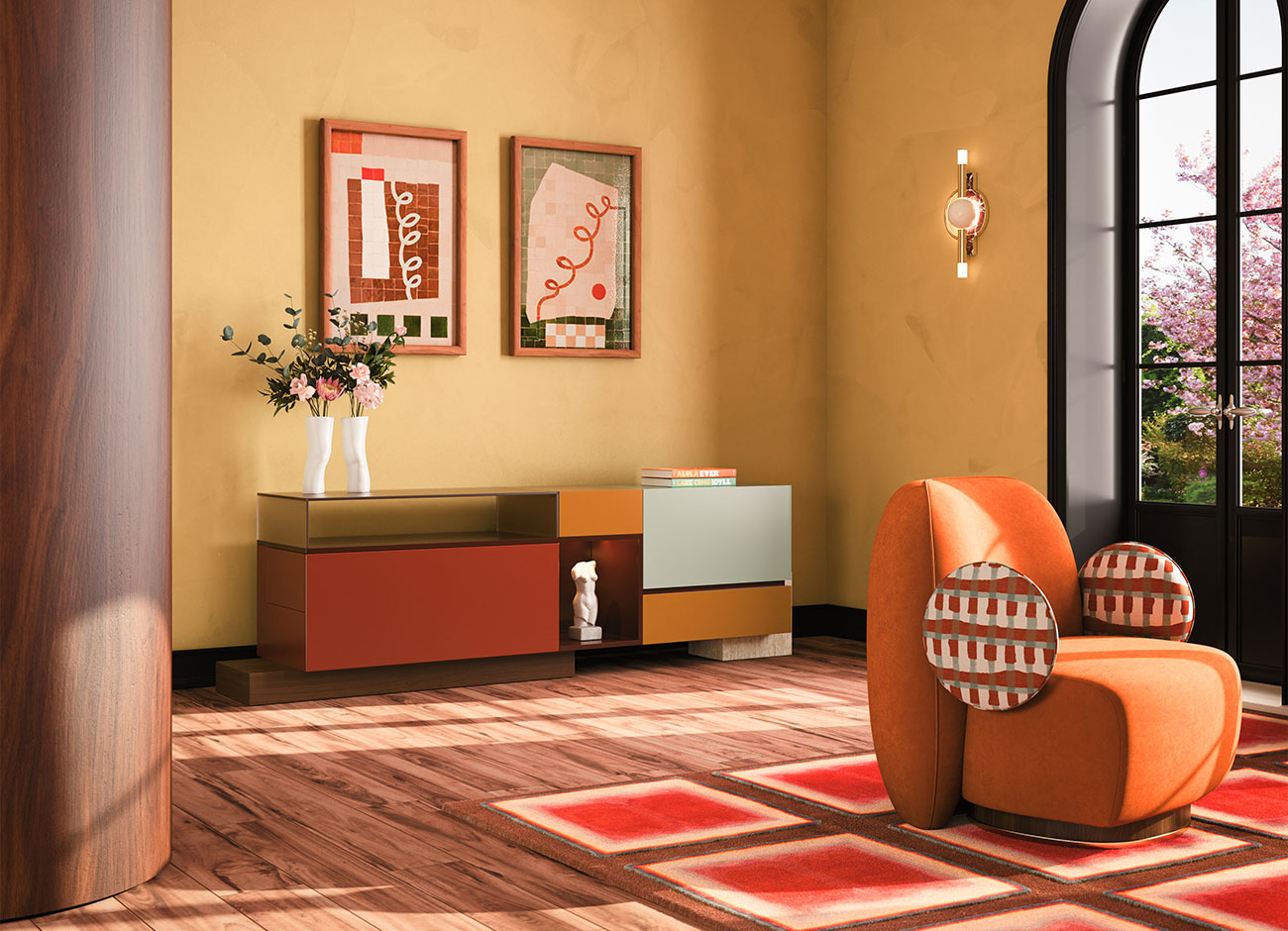 Moduler Sideboard living space featuring the Moduler sideboard with a walnut wood and travertine base, lacquered in Cement Grey, Alloy Orange, Coral Red, and Cocoa Bean. Accents include bronze mirror and frosted bronze glass. The La Voix armchair adds contrast with patterned fabric on the arms and orange fabric on the seat and back. The room includes a yellow wall, a square-patterned rug in orange and brown tones, and a lit Dallas wall lamp.