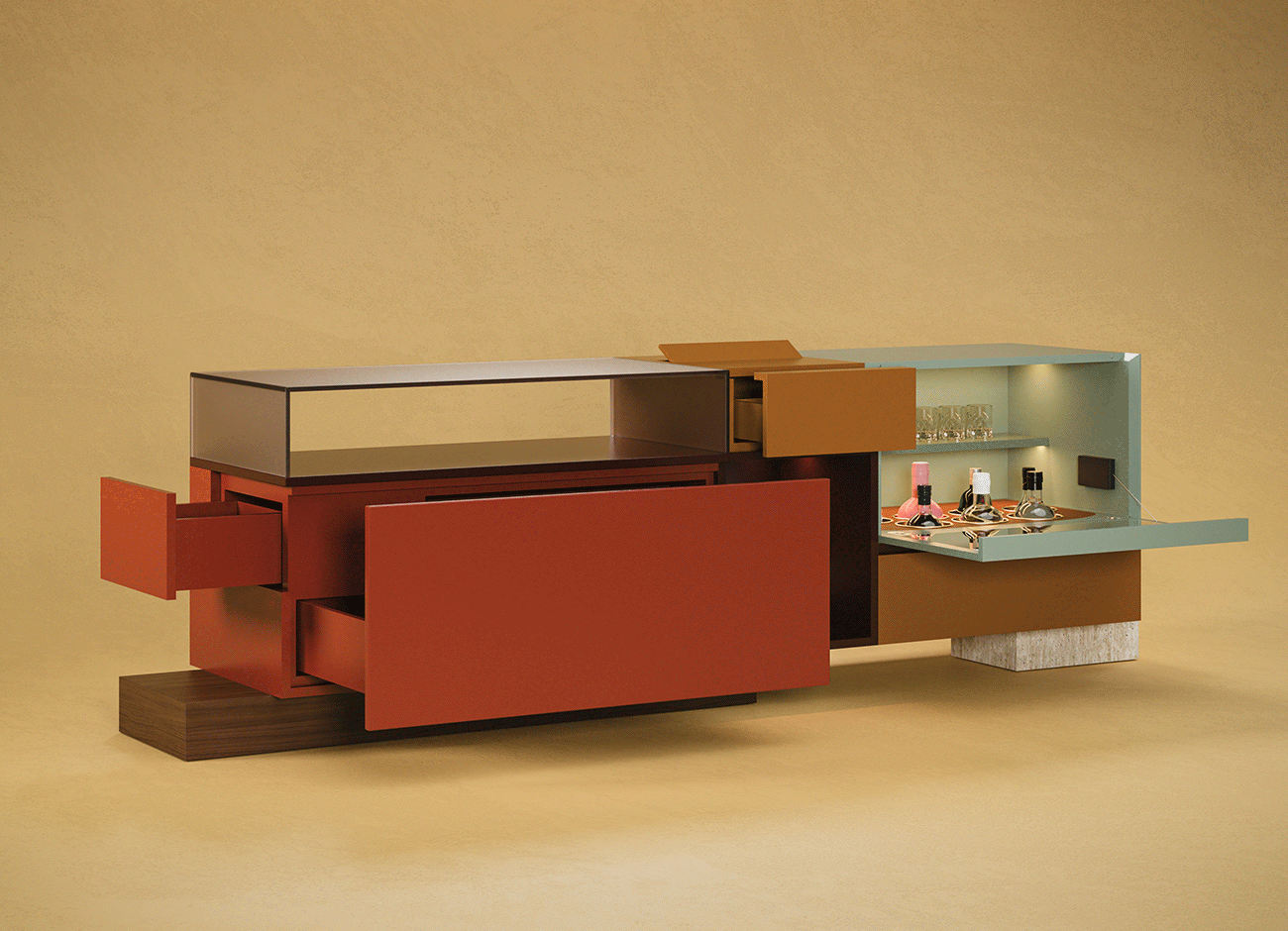 Moduler Sideboard 45-degree view of the Moduler sideboard with a lacquered wood structure, frosted bronze glass, bronze mirror panels, and lacquered drawers. The base combines travertine and walnut wood. Set against a burned yellow background, the drawers are shown opening and closing, revealing built-in lighting and ample storage with interiors in leather, polished brass, and bronze mirror.