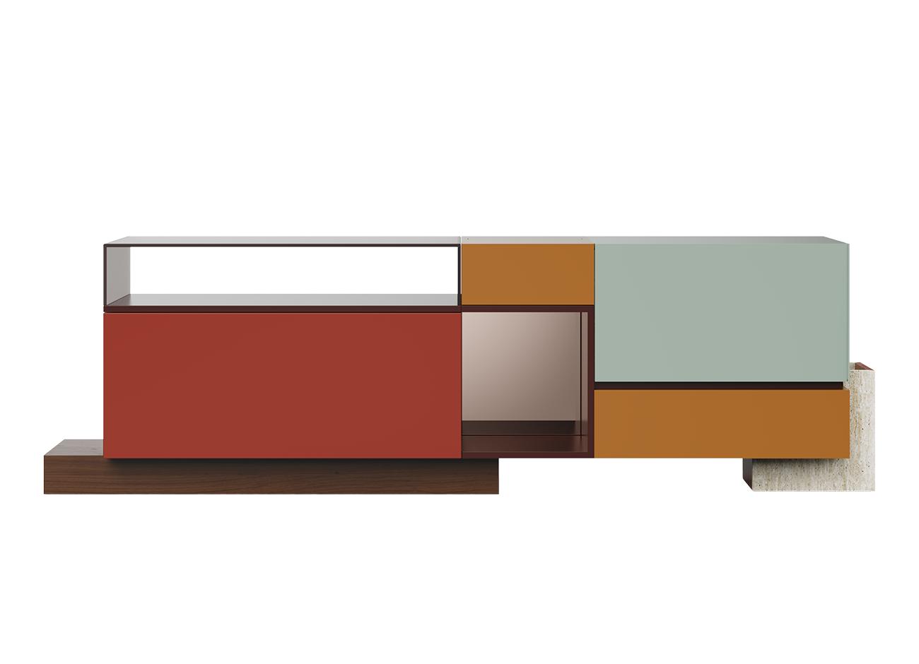 Moduler Sideboard Front view of the Moduler sideboard featuring a lacquered wood structure with frosted bronze glass, bronze mirror panels, and lacquered drawers. The base is made of travertine and walnut wood. Interior details include leather, polished brass, and bronze mirror.