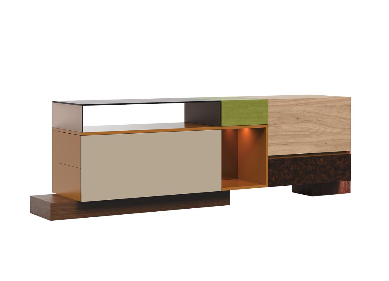 Moduler Sideboard 45-degree view of the Moduler sideboard. The base is made of walnut wood and Travertine Rosso. Lacquered finishes in Alloy Orange and Greige. Drawers feature lacquered wood leaf, walnut root, and oak. Accents in bronze mirror and frosted bronze glass.