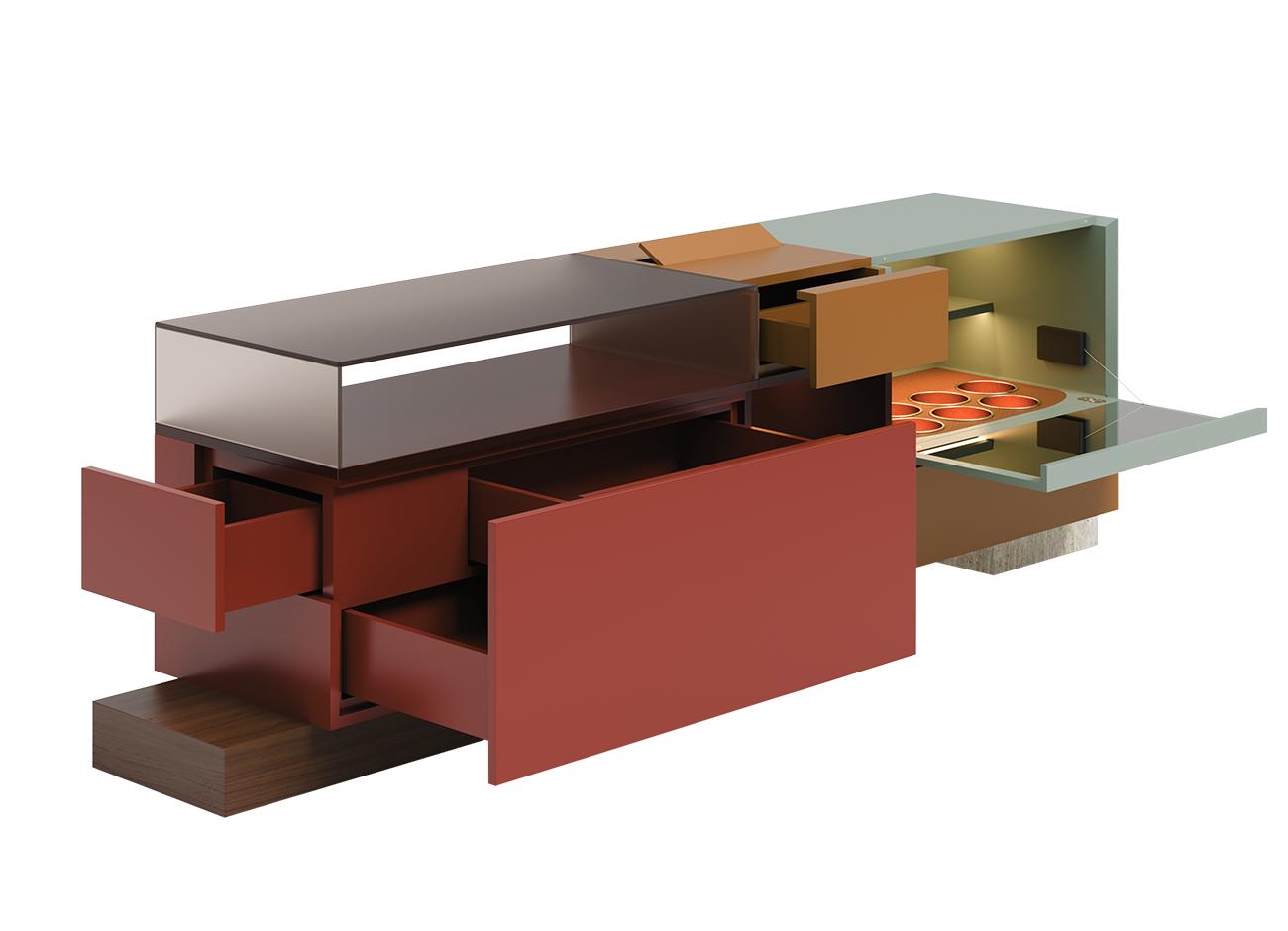Moduler Sideboard 45-degree view of the Moduler sideboard with a lacquered wood structure, frosted bronze glass, bronze mirror panels, and lacquered drawers. The base combines travertine and walnut wood. All drawers are open, revealing spacious interiors finished in leather, polished brass, and bronze mirror.
