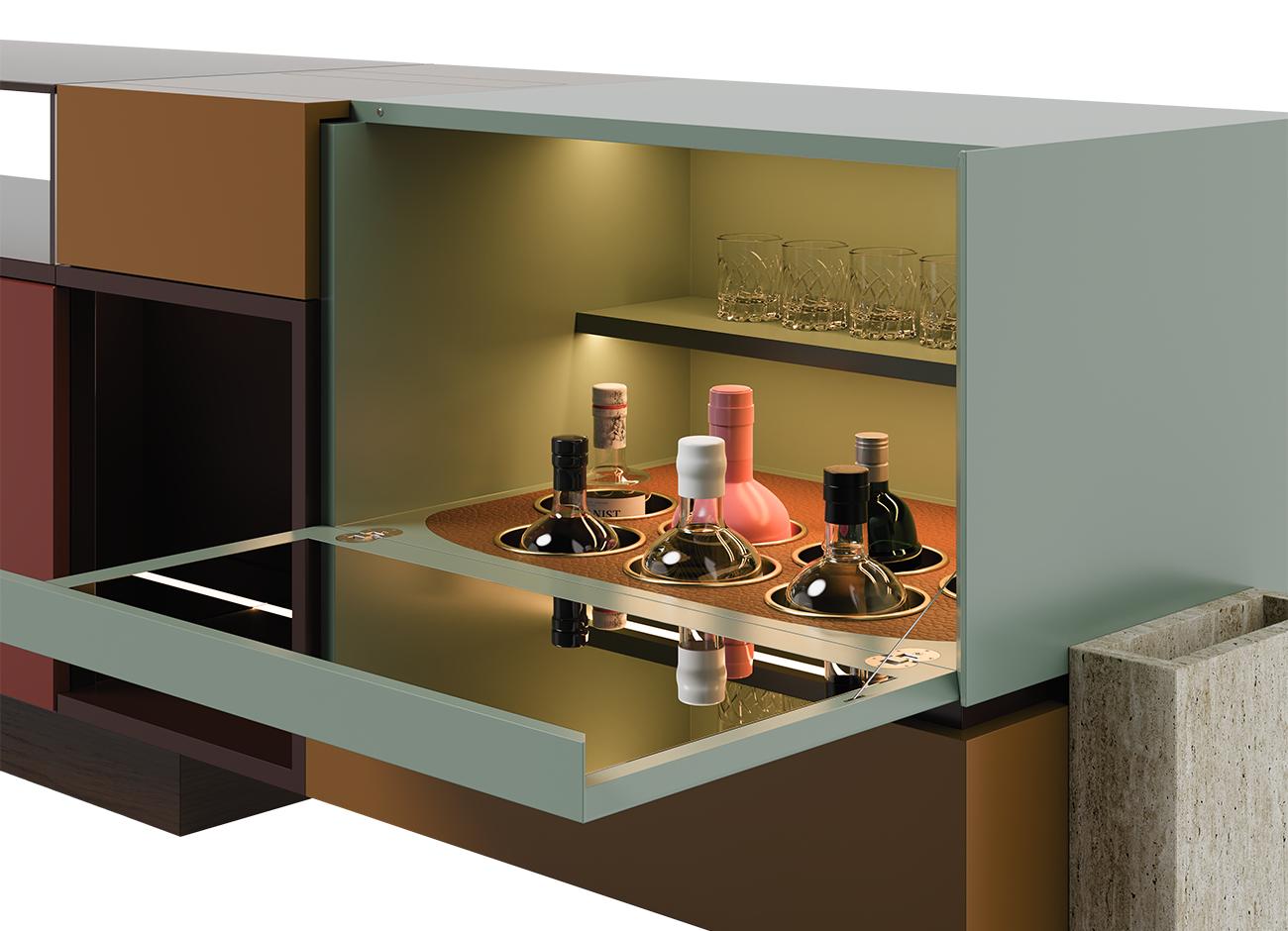 Moduler Sideboard Detail view of the Moduler Sideboard interior, highlighting built-in slots for bottle storage.