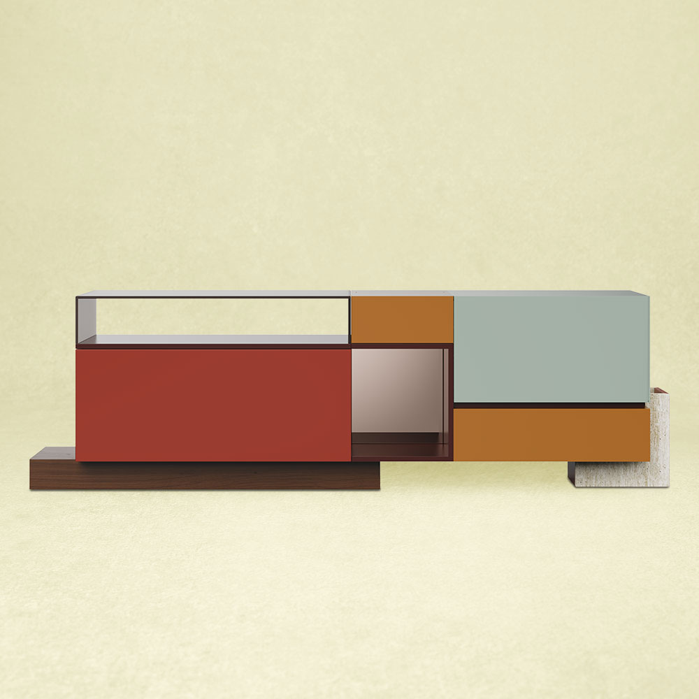 Front view of the Moduler sideboard featuring a lacquered wood structure with frosted bronze glass, bronze mirror panels, and lacquered drawers. The base is made of travertine and walnut wood. Interior details include leather, polished brass, and bronze mirror.