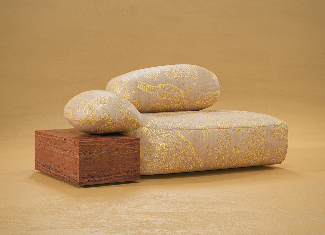 Viv Id Chaise Longue Viv Id chaise longue featuring Tiger Silk 002 fabric by Dedar, with yellow highlights and a Travertino Rosso structure, set against a yellow background.