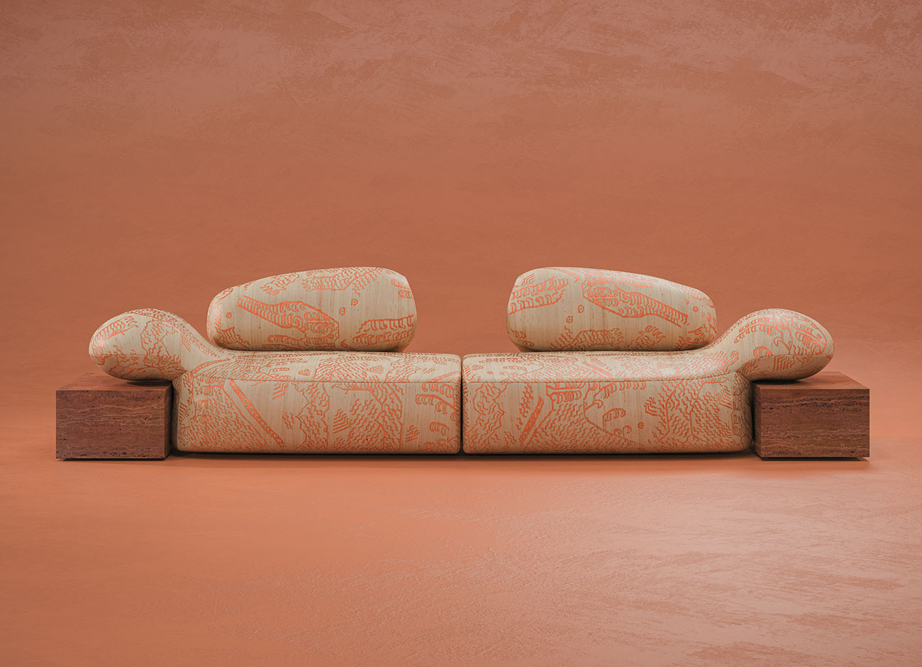 Viv Id Sofa Viv Id sofa featuring Tiger Silk 003 fabric by Dedar, with orange highlights and a Travertino Rosso structure, set against an orange background.