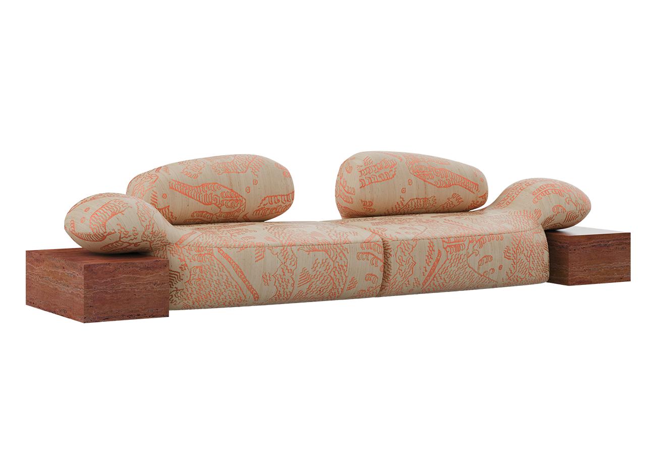vid-id-sofa-9 Viv Id sofa at a 45º angle, featuring Tiger Silk 003 fabric by Dedar with orange highlights and a Travertino Rosso structure, set against a white background.
