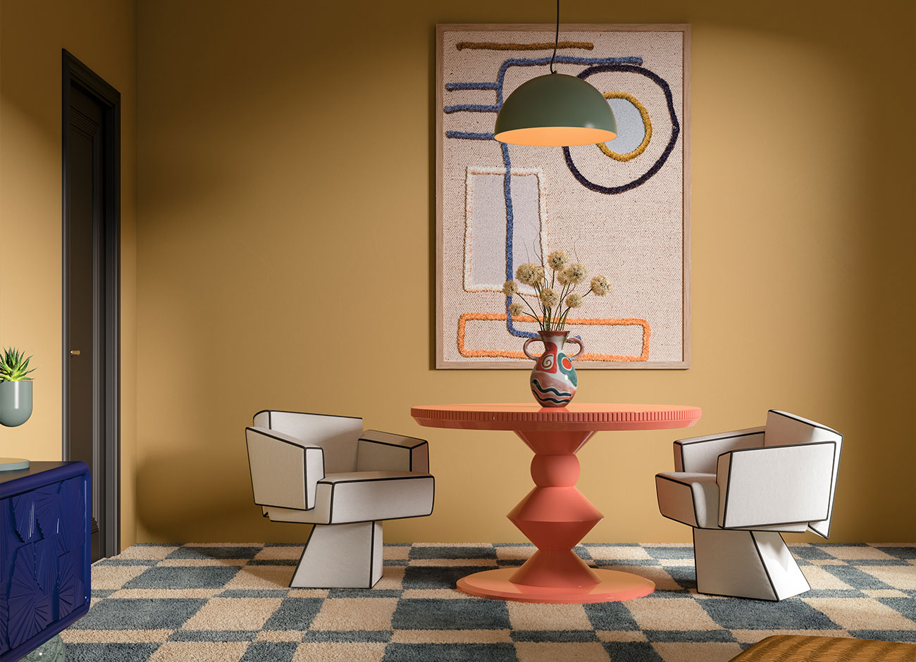 Bru Tel Dining Chair Bru Tel dining chair upholstered in white velvet with blue piping, placed in a dining space next to the Petit Cortez II dining table lacquered in coral orange, set on a patterned square rug in blue and beige named Cast by Beni, with artwork titled BZAR 1.