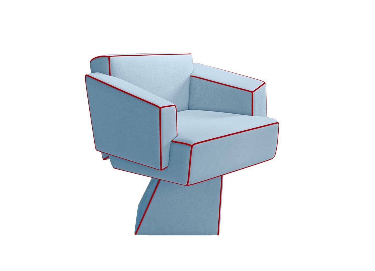 Bru Tel Dining Chair Bru Tel Dining Chair upholstered in baby blue fabric with red piping.