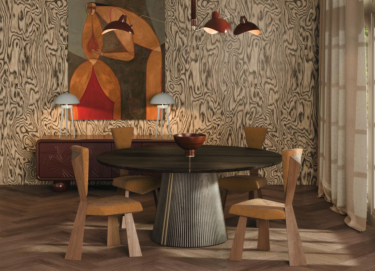 Kju bist dining chair in a dining room with warm, low lighting, featuring the henry dining table illuminated by a dark red lacquered chelsea suspension lamp, alongside the mon ooh sideboard in matching lacquer with brera table lamps on top, set against a wall with artwork and sottsass wood paneling.