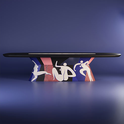 La Danse dining table base features multi-colored marquetry, different lacquered surfaces, and brushed stainless steel metal. The top is made in black stained ashwood featuring a retro illuminated alabaster in the center.