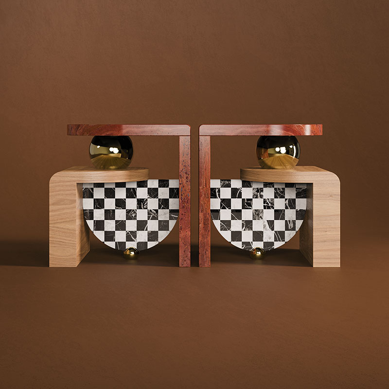 Bohld side table in travertino rosso, paired with oak wood. Checkered piece in calacatta vagli and saint laurent marble.