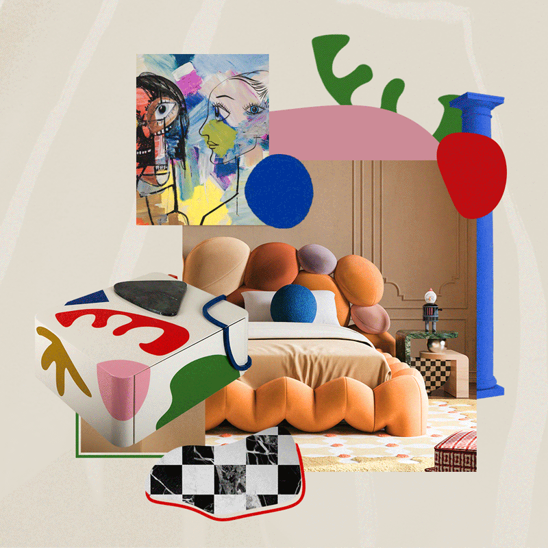 Bedroom x art gallery moodboard with colorfull bedside tables and beds. Red, blue, green and yellow tones