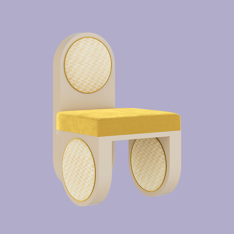 Fyoo cher dining chair with a greige lacquer finish, upholstered in the patterned strings natural (k5368/01) and yellow ice ii corn (k5159/41) fabrics by kirby. Positioned at a 45º angle on a plain white background. The piece is positioned in a lilac background,