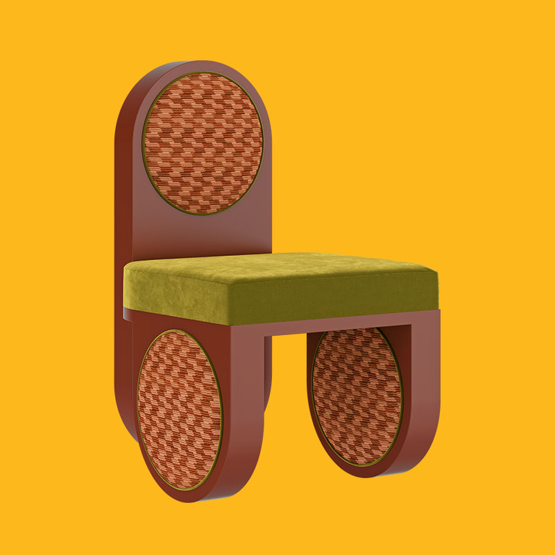 Fyoo cher dining chair Fyoo cher dining chair with a coral red lacquer finish, upholstered in strings clove (k5368/03) and ice ii fern (k5159/61) fabrics by kirby, set against a yellow background.