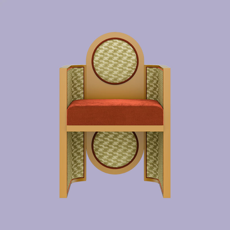 Mak suh muh dining chair featuring an alloy orange lacquer and upholstered in the patterned strings monochrome (k5368/04) and orange ice ii tangerine (k5159/64) fabrics by kirby design. The piece is positioned in a lilac background,