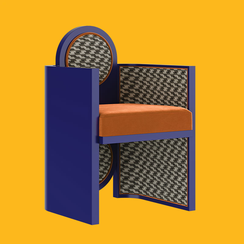 Mak suh muh dining chair Mak suh muh dining chair featuring an ultramarine blue lacquer and upholstered in the patterned strings monochrome (k5368/04) and blue ice ii tangerine (k5159/64) fabrics by kirby design, set against a yellow background.