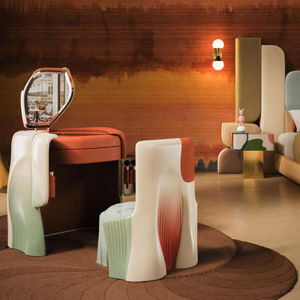Surreal Vanity Set in bedroom with cozy lighting featuring Ej Ee bed, fauves bedside table and nomad wall lamp.
