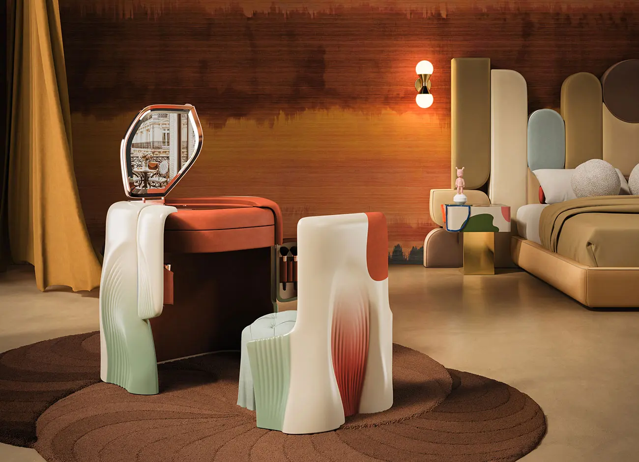 Surreal Vanity Set in bedroom with cozy lighting featuring Ej Ee bed, fauves bedside table and nomad wall lamp.