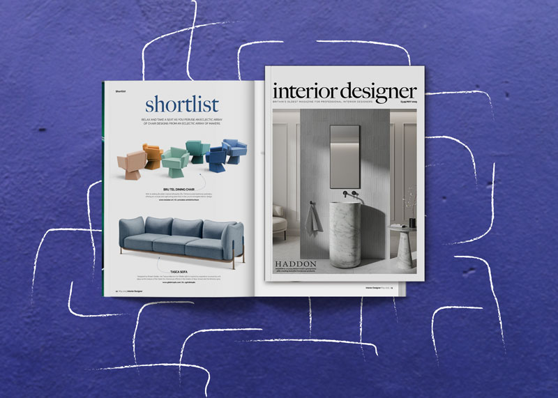 Interior Designer May 2025 magazine featuring multiple Bru Tel dining chairs in shades of blue, orange, and pink-beige velvet.