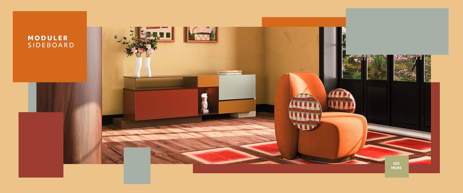 Living space featuring the Moduler sideboard with a walnut wood and travertine base, lacquered in Cement Grey, Alloy Orange, Coral Red, and Cocoa Bean. Accents include bronze mirror and frosted bronze glass. The La Voix armchair adds contrast with patterned fabric on the arms and orange fabric on the seat and back. The room includes a yellow wall, a square-patterned rug in orange and brown tones, and a lit Dallas wall lamp.