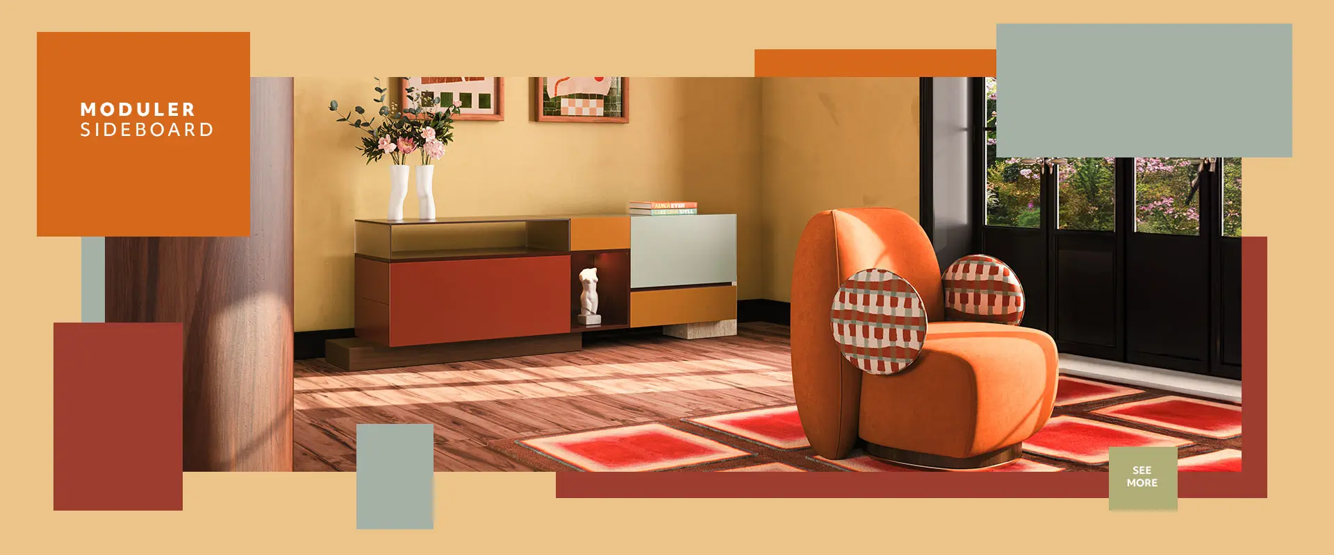 Living space featuring the Moduler sideboard with a walnut wood and travertine base, lacquered in Cement Grey, Alloy Orange, Coral Red, and Cocoa Bean. Accents include bronze mirror and frosted bronze glass. The La Voix armchair adds contrast with patterned fabric on the arms and orange fabric on the seat and back. The room includes a yellow wall, a square-patterned rug in orange and brown tones, and a lit Dallas wall lamp.