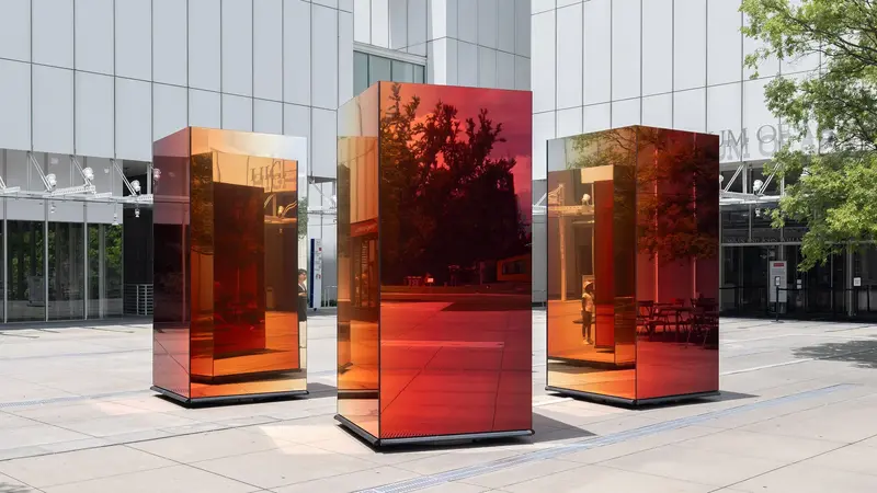 Four towering glass pillars with a gradient from mirrored silver to deep orange, slowly rotating in an outdoor plaza. The kinetic installation by Sabine Marcelis reflects and refracts light, engaging viewers in a dynamic interplay of color, movement, and perception.