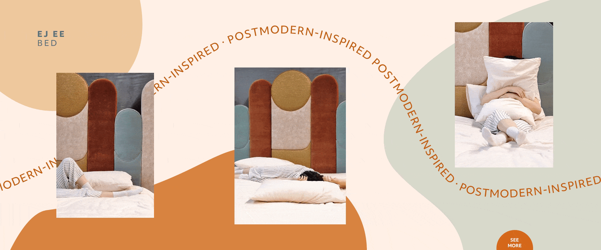 Banner featuring the Ej Ee Bed with multiple short clips, in a color palette of green, blue, orange, and beige.