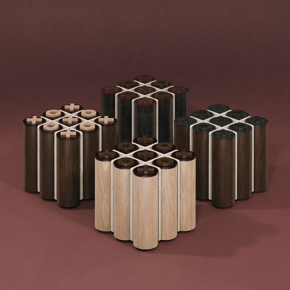 Four Kensington tic tac toe tables in different wood finishes: natural oak, smoked walnut, and black stained ashwood.