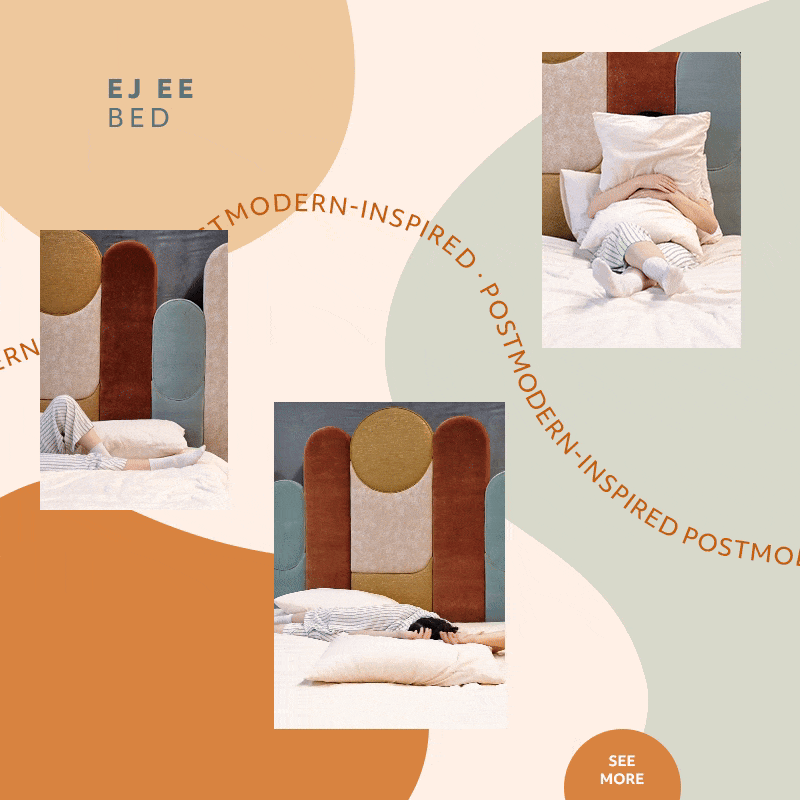 Banner featuring the Ej Ee Bed with multiple short clips, in a color palette of green, blue, orange, and beige.