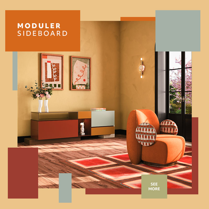 Living space featuring the Moduler sideboard with a walnut wood and travertine base, lacquered in Cement Grey, Alloy Orange, Coral Red, and Cocoa Bean. Accents include bronze mirror and frosted bronze glass. The La Voix armchair adds contrast with patterned fabric on the arms and orange fabric on the seat and back. The room includes a yellow wall, a square-patterned rug in orange and brown tones, and a lit Dallas wall lamp.