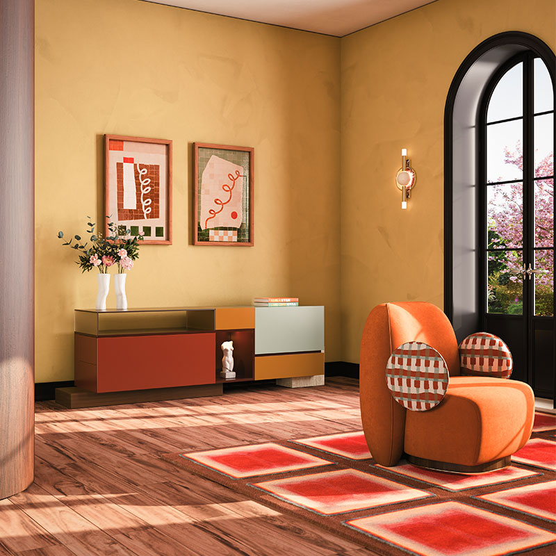 living space featuring bold sideboards such as the Moduler sideboard with a walnut wood and travertine base, lacquered in Cement Grey, Alloy Orange, Coral Red, and Cocoa Bean. Accents include bronze mirror and frosted bronze glass. The La Voix armchair adds contrast with patterned fabric on the arms and orange fabric on the seat and back. The room includes a yellow wall, a square-patterned rug in orange and brown tones, and a lit Dallas wall lamp.