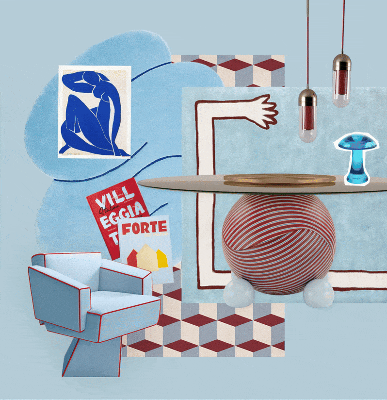 Blue Red Moodboard Red & Blue moodboard featuring the Bru Tel Dining Chair in blue fabric with red piping, next to the Circulus Dining Chair with striped upholstery and blue sphere legs.
