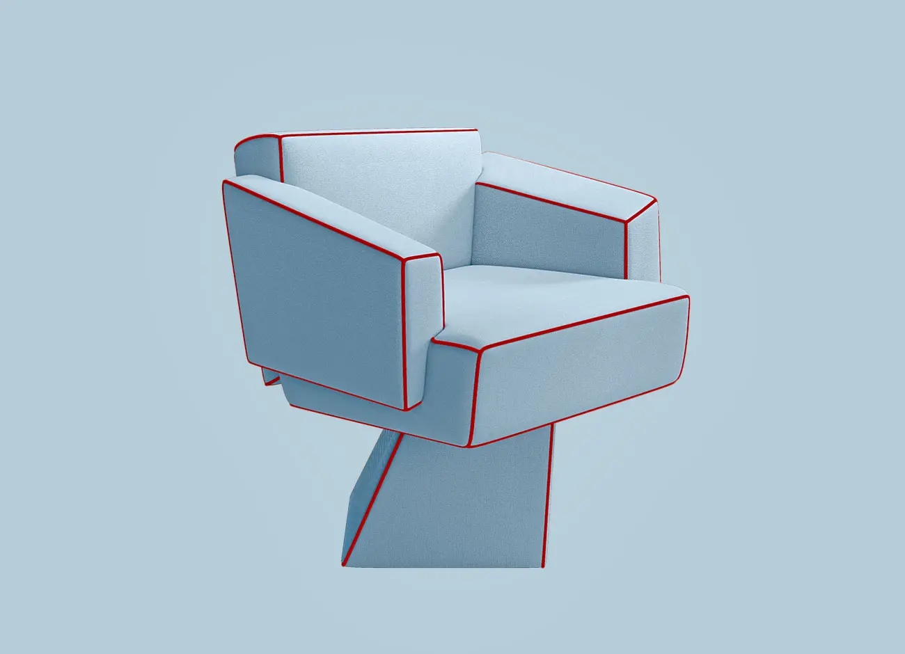 Bru Tel Dining Chair upholstered in baby blue fabric with red piping, set against a blue background.