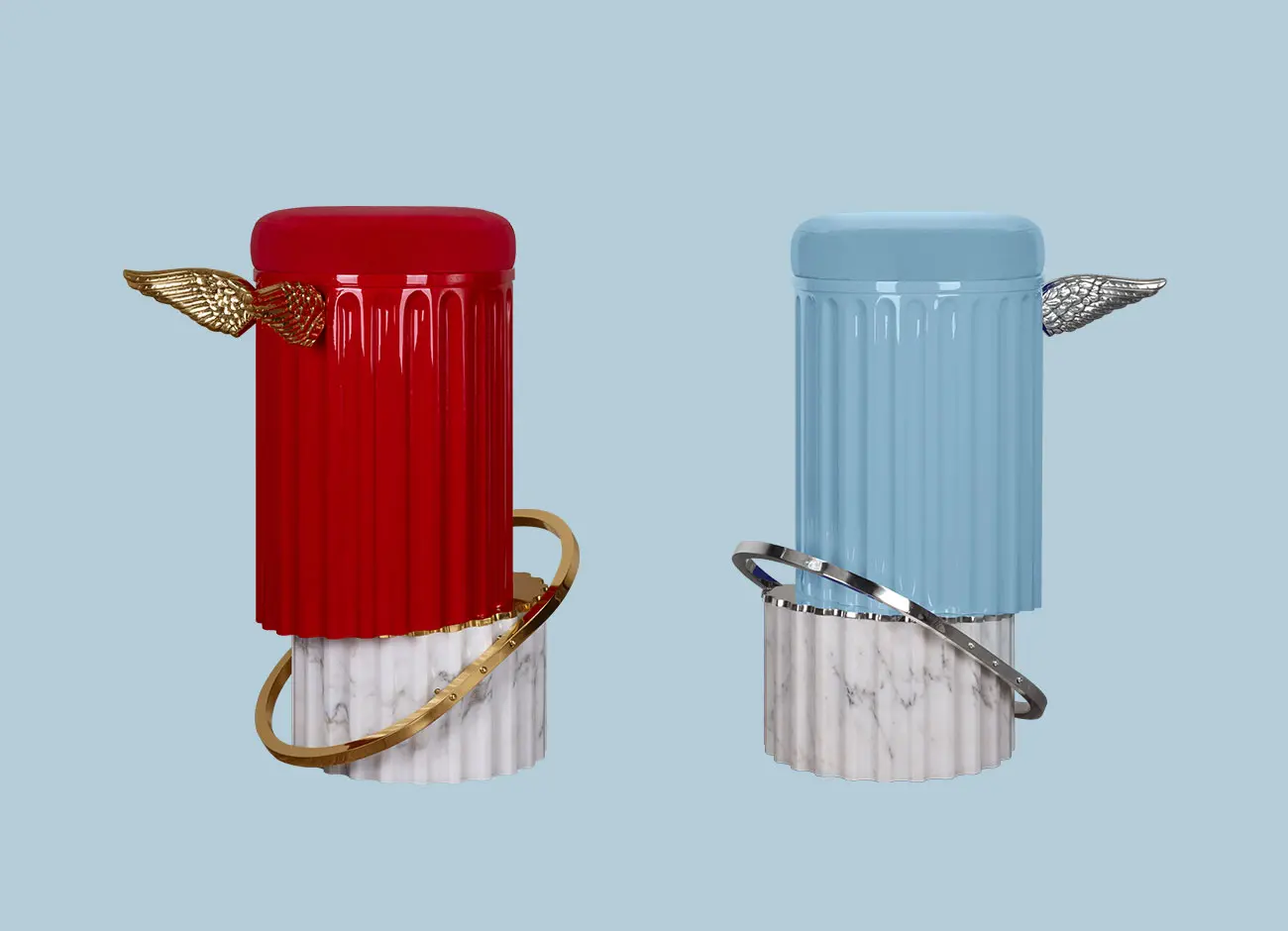 Two Flahy Bar Stools, one upholstered in red and the other in blue.