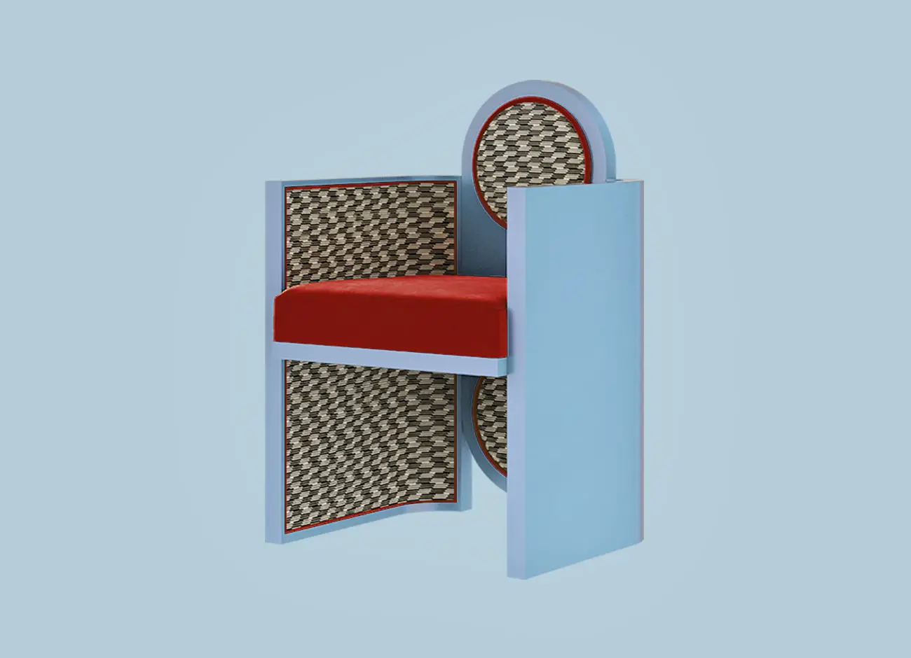Mak Suh Muh Dining Chair upholstered in patterned fabric with red accents and blue lacquer, set against a blue background.