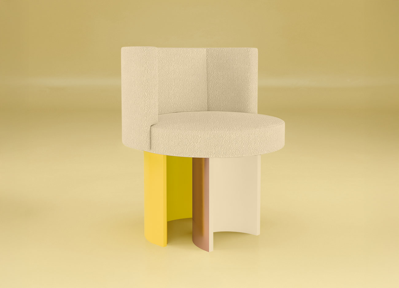 Myth dining chair in boucle upholstery with lacquered legs and soft yellow-toned metal accents, echoing the butter yellow trend.
