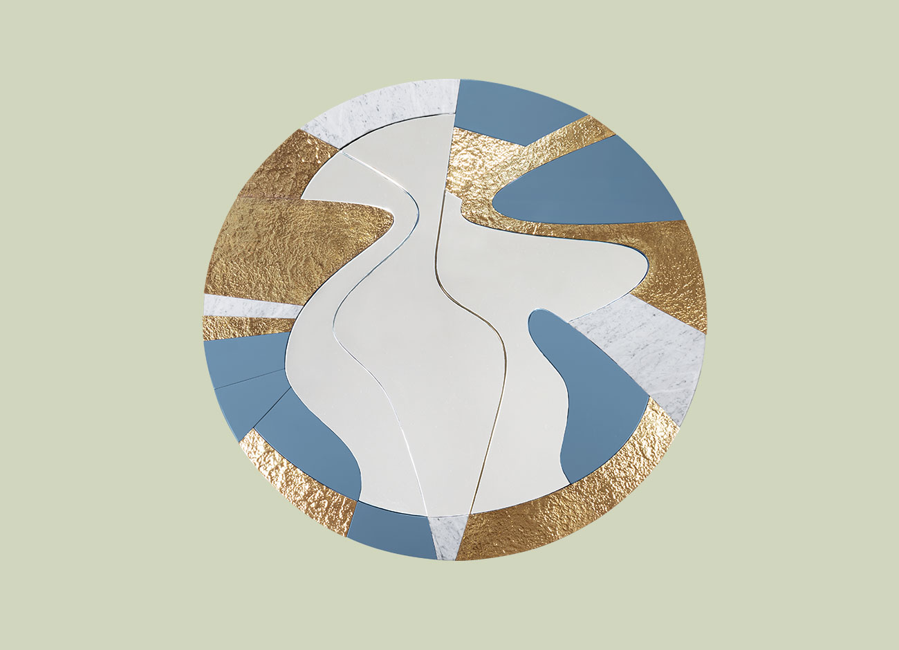 Starry Mirror The round Starry Mirror, set against a green background, features a conceptual yet functional design combining irregular shapes in polished hammered brass, Carrara marble, and lacquered wood finished with high-gloss varnish.