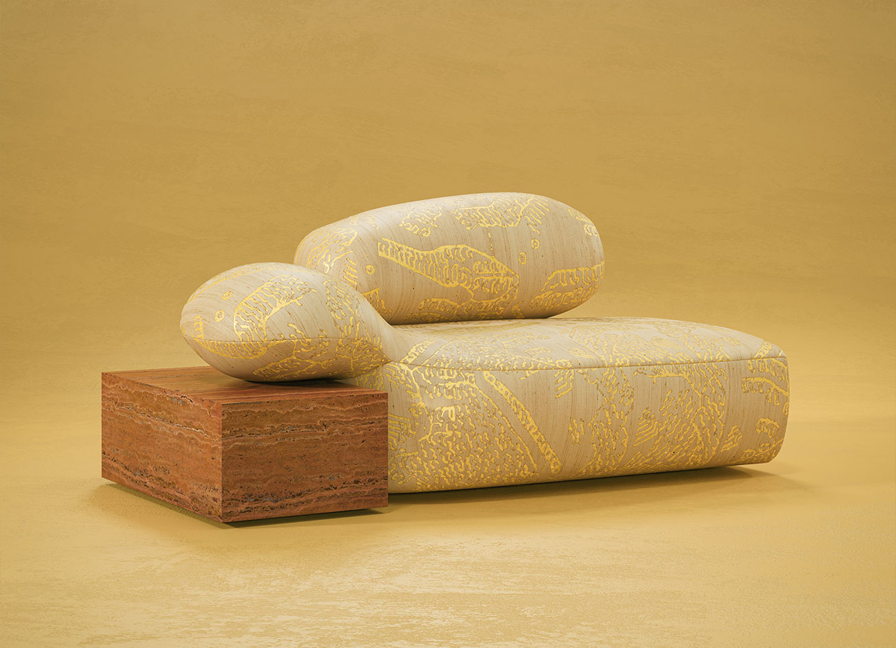 Viv Id chaise longue featuring Tiger Silk 002 fabric by Dedar, with yellow highlights and a Travertino Rosso structure, set against a yellow background.